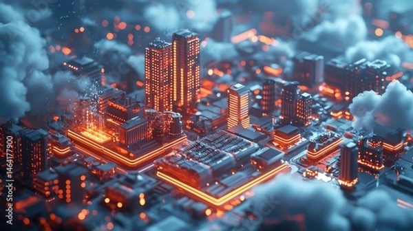 Fototapeta abstract background with particles, Cloud computing illustration, stylized futuristic workspace with floating cloud interfaces displaying synchronized files and applications.