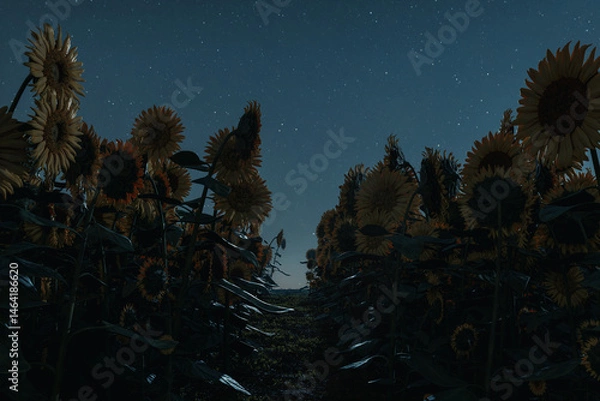 Fototapeta Field of upright sunflowers at night with a path through them. 3D Rendering