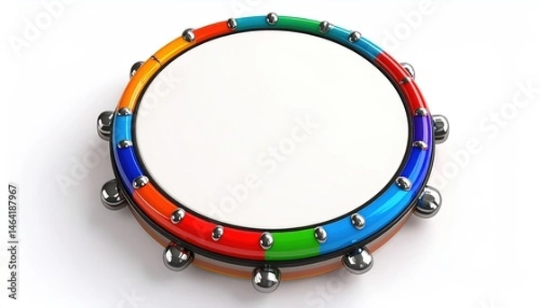 Fototapeta Colorful Tambourine with Metal Jingles on White Background