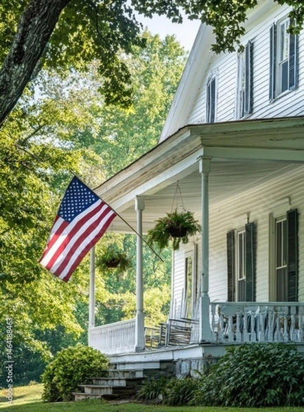 Obraz Charming white house with porch and flag