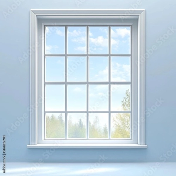 Fototapeta Light Blue Room with Window, Scenery Outside