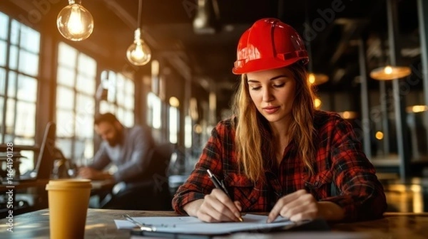 Fototapeta A focused woman in a red hard hat is drafting plans at a modern workspace, illustrating the blend of engineering and creativity in urban construction environments.