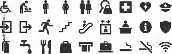 Fototapeta Public space wayfinding glyph icon set. Vector pictograms of navigation, emergency, escalator, elevator, stairs, info desk, extinguisher, food court, black sign silhouette illustration.