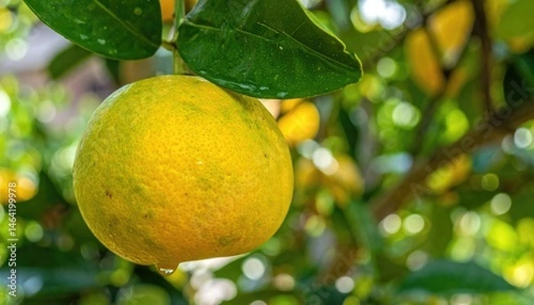 Fototapeta Vibrant Citrus in Nature: A close-up shot of a ripe, juicy orange hanging from its tree branch, against a backdrop of sun-dappled foliage, evokes feelings of freshness, and the abundance of nature.