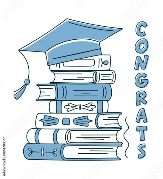 Fototapeta Doodle monochrome stack of books topped with traditional graduation. Vector illustration, books set icon. Congrats sign. Congratulating banner. Isolated concept for graduation design, card, poster