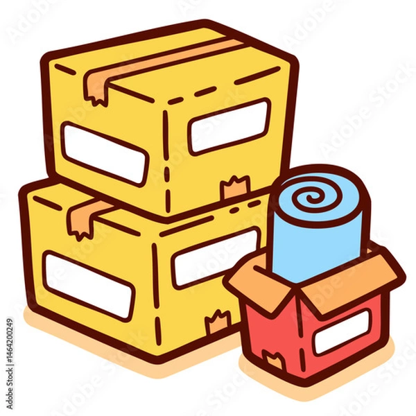 Obraz Packed stack of cardboard moving boxes, house relocation transportation services, shipping packages with personal belongings, doodle isolated cute clean and simple cartoon vector illustration