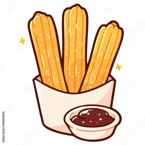 Obraz Crispy churro sticks in paper cone bag with bowl of chocolate sauce dip cream, doodle isolated cute clean and simple cartoon vector illustration