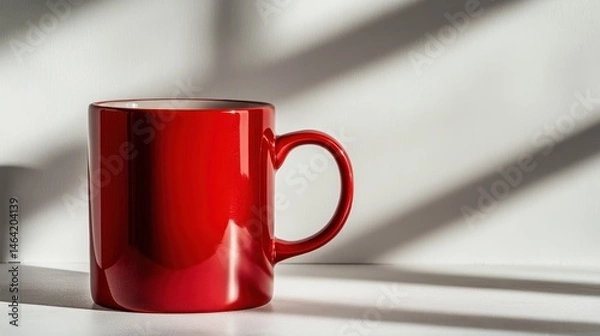 Obraz A vibrant red mug sits elegantly on a clean white surface, beautifully lit to showcase its glossy finish and bold color, making it a striking focal point in the composition.
