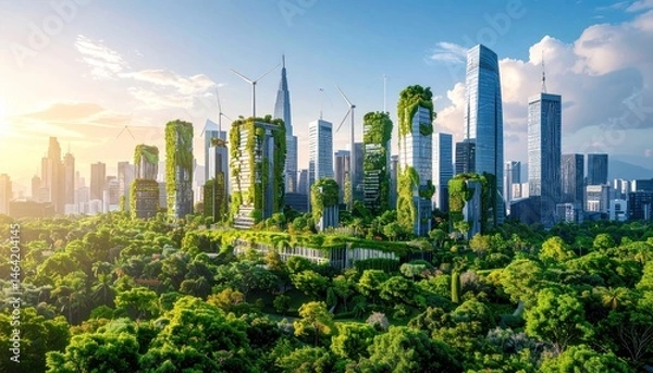 Fototapeta Green City with Buildings and Trees