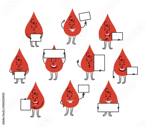 Obraz Set of cute hand drawn blood drop character with various expressions and body postures holding blank banners. Cartoon doodle style mascot for donation, healthcare, educational and medical promotions