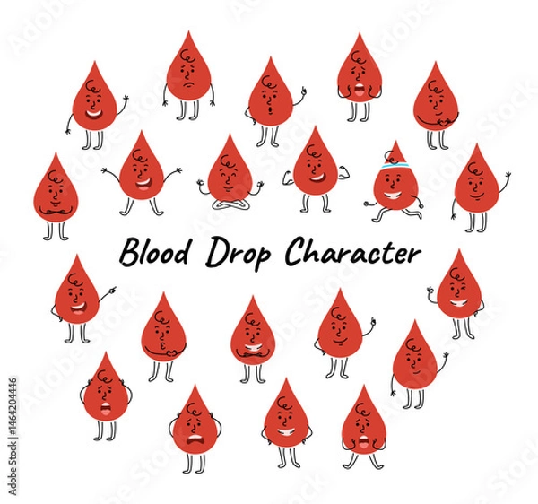Obraz Blood drop character with different facial expression, body posture. Happy, surprised, smiling, pointing, running, or showing other emotions and actions. Cute hand drawn doodle kids friendly character