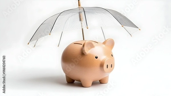 Fototapeta A piggy bank protected by a transparent umbrella, symbolizing financial security and safeguarding savings