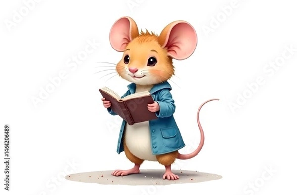 Fototapeta Children’s cute animal card. A little soapy mouse in a blue jacket stands holding a book and reading. The background is white