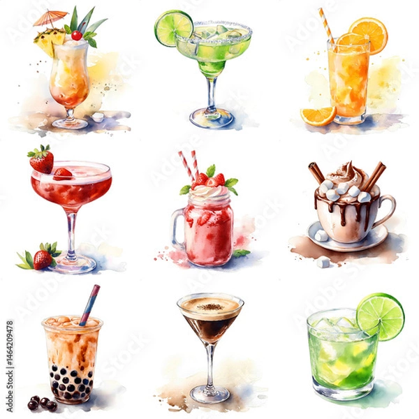 Fototapeta set of different cocktails and soft drinks, watercolor drawing, isolated on white background