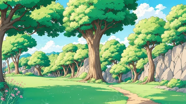 Fototapeta A sunlit landscape featuring a meandering path through a verdant field. Stylized trees with lush foliage and rocky outcrops are prominent features, all set against a backdrop of a clear blue sky.