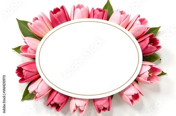 Fototapeta White oval label with an empty space for text framed by pink tulips