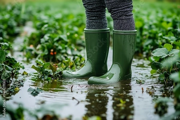 Fototapeta A person wearing green rain boots standing in a puddle of water