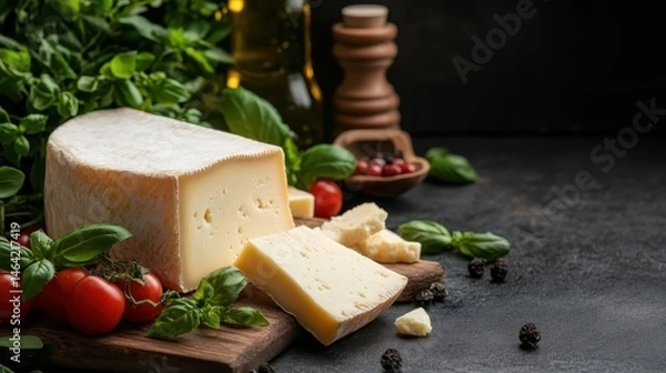 Obraz A rustic arrangement featuring creamy cheese, fresh basil, cherry tomatoes, and a wooden board creates an inviting atmosphere for food lovers and culinary enthusiasts.