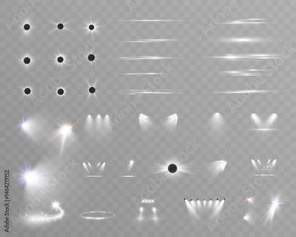 Fototapeta Set of light spotlight effects.Lens flare, explosion,sparkle, dust,line,solar flare, spark and stars.
