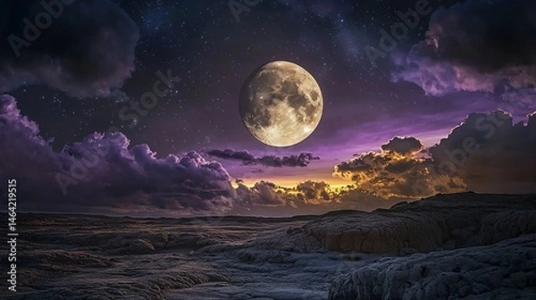 Fototapeta Glowing moon rising over dark rocky landscape with clouds illuminated in violet and gold cinematic cosmic horizon