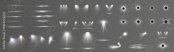 Fototapeta Set of light spotlight effects.Lens flare, explosion,sparkle, dust,line,solar flare, spark and stars.
