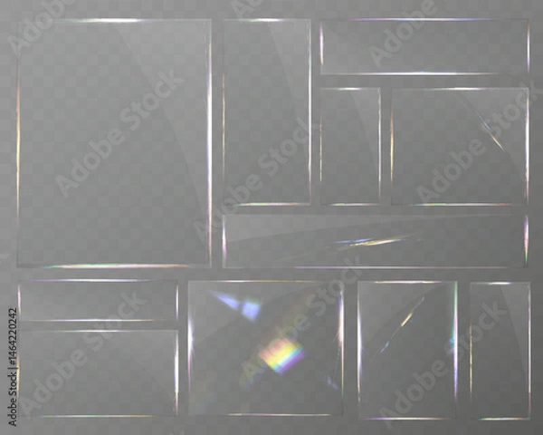 Fototapeta Transparent glass set with smooth edges, reflections, glare, and prismatic light effects. Various geometric shapes for UI, web, and graphic design.	