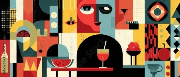 Obraz Vibrant geometric illustration of abstract face with cocktail and fruit, colorful retro design for modern art and summer vibes