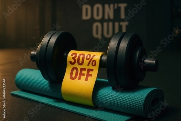 Fototapeta Fitness promotion with dumbbells and discount display for gym motivation