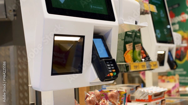 Fototapeta Close-up of a supermarket self-service checkout with a payment terminal