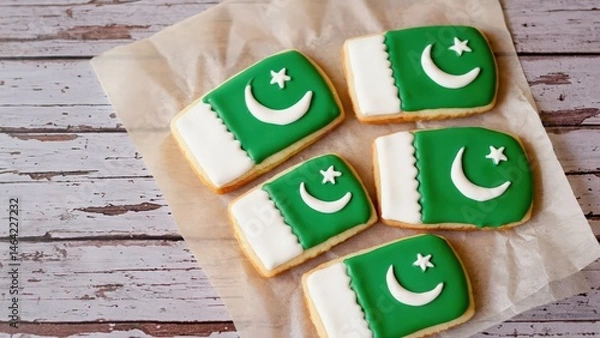 Fototapeta Rectangular sugar cookies decorated with the national flag of Pakistan, placed on parchment paper over a rustic wooden surface