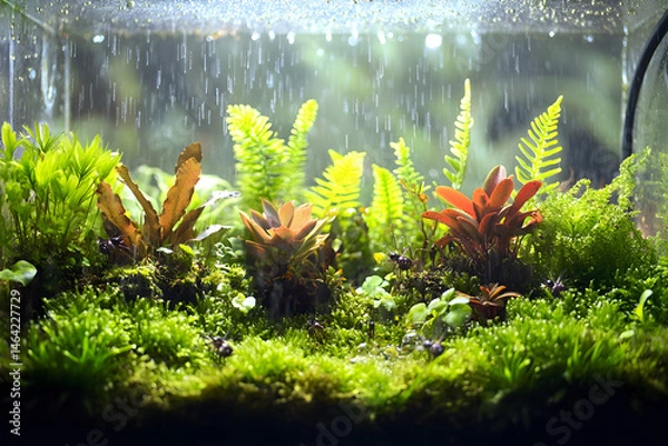 Fototapeta Enclosed Harmony: Exploring a Miniature Self-Sustaining Ecosystem Within a Glass Terrarium