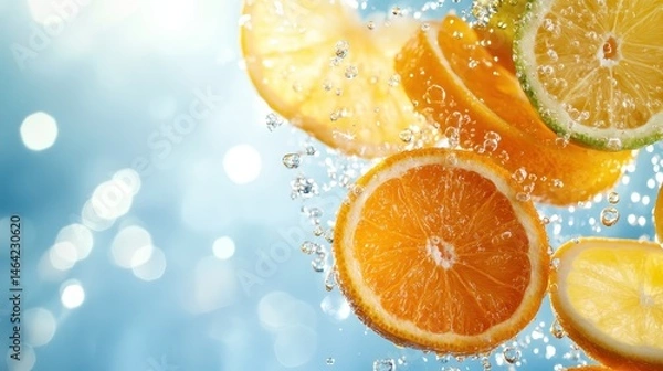 Fototapeta Juicy slices of orange and lime are bursting in water, creating a vibrant composition that captures the essence of freshness and vitality, perfect for food or beverage themes.
