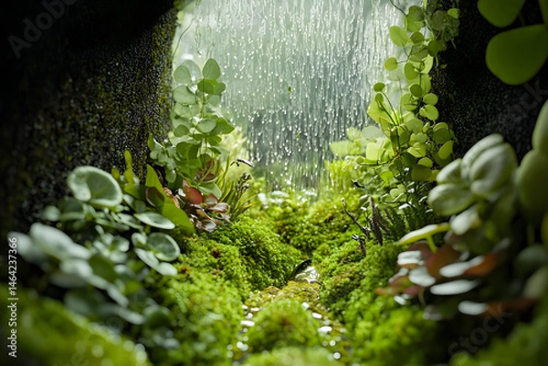 Fototapeta Enclosed Harmony: Exploring a Miniature Self-Sustaining Ecosystem Within a Glass Terrarium