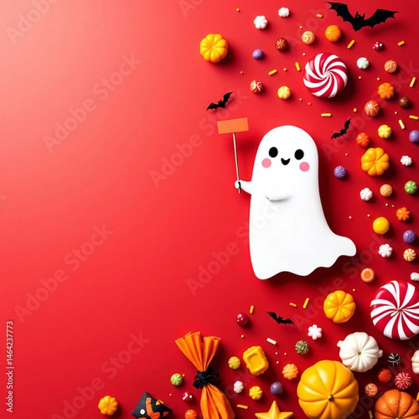 Fototapeta Cute ghost with wand on red background and Halloween candy