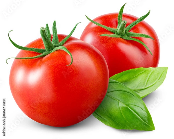 Fototapeta Tomato isolated png. Tomatoes with basil leaf on white or transparent background. Perfect retouched png tomato no background. Whole tomato with leaves. Full depth of field.