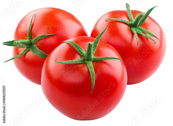 Fototapeta Tomato isolated png. Three tomatoes on white or transparent background. Perfect retouched png tomato no background. Full depth of field.