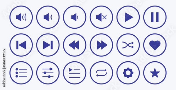 Obraz Collection of audio player control button sign design. Flat style audio player control button symbol. Play, pause, stop, repeat, back and next button icon flat design. Set of Media player icons