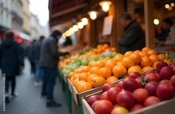 Obraz A bustling urban market scene features a foreground stall brimming with juicy oranges and crisp apples arranged in colorful pyramids. This lively image captures the essence of fresh produce shopping