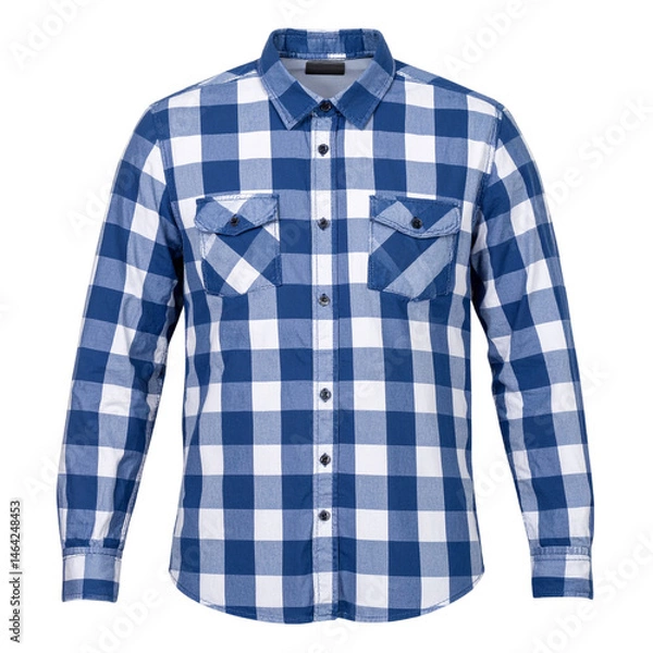 Fototapeta Generate an isolated background for the chest of a men's blue plaid shirt with a collar and sleeves on a transparent background