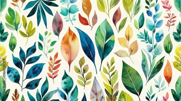Fototapeta Watercolor botanical foliage textured imprint for fabric. Image for textile, garment, and clothing materials. Colourful and vibrant horizontal artistic graphic.