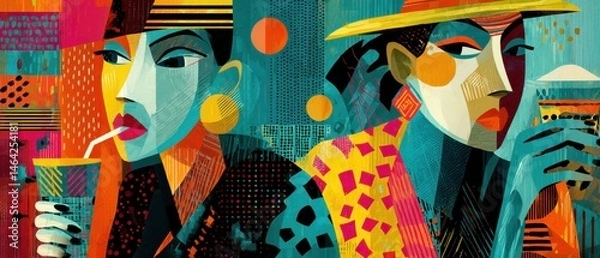 Obraz Abstract portrait of two stylish women drinking, vibrant colors and geometric shapes in a modern art deco style, evoking a sense of sophistication and artistic expression