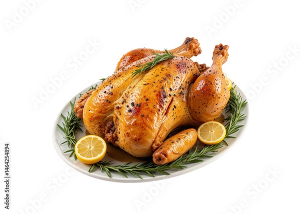 Fototapeta A whole roasted chicken garnished with rosemary and lemon slices on a plate isolated on transparent background. Food, Meal, Dinner.
