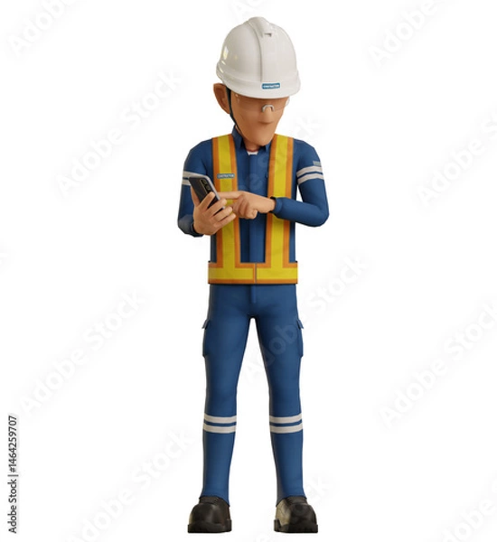 Fototapeta Isolate industrial worker is using the mobile phone on transparent background