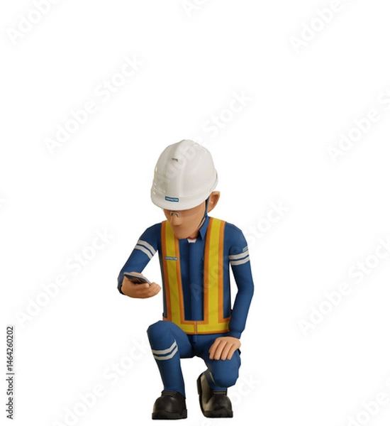 Obraz Isolate industrial worker is using the mobile phone  to taking a photo on transparent back ground