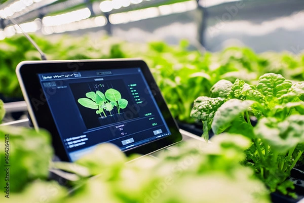 Fototapeta Smart farming concept, close-up of hydroponic plants monitored by a digital tablet displaying growth data