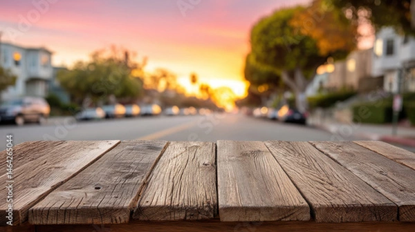 Obraz Wooden table surface with blurred street view and sunset in background creates warm atmosphere