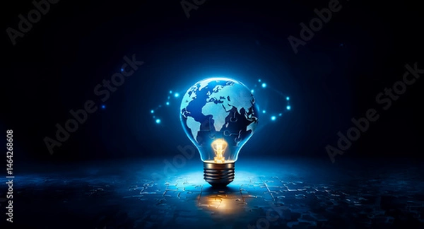 Fototapeta A glowing lightbulb, shaped like the Earth, illuminates the darkness.  Musical notes surround it, symbolizing global connectivity and ideas.