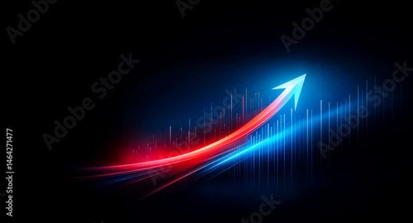 Fototapeta A vibrant red and blue arrow ascends against a dark background, symbolizing growth and progress.  The arrow's glowing trail suggests rapid movement and dynamic change.