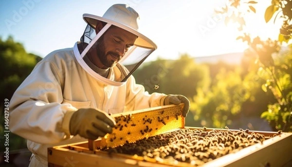 Fototapeta Beekeeper Inspects Honeycomb