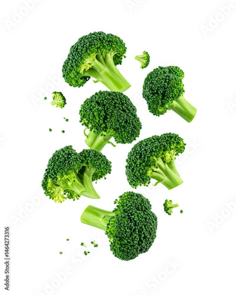 Fototapeta Falling broccoli florets top view isolated on transparent background